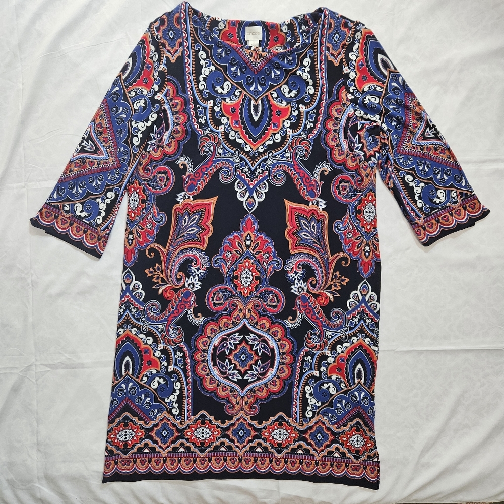 Chicos Womens 2 L 12 Paisley Shift Dress Blue Orange 3/4 Sleeve Knee Length